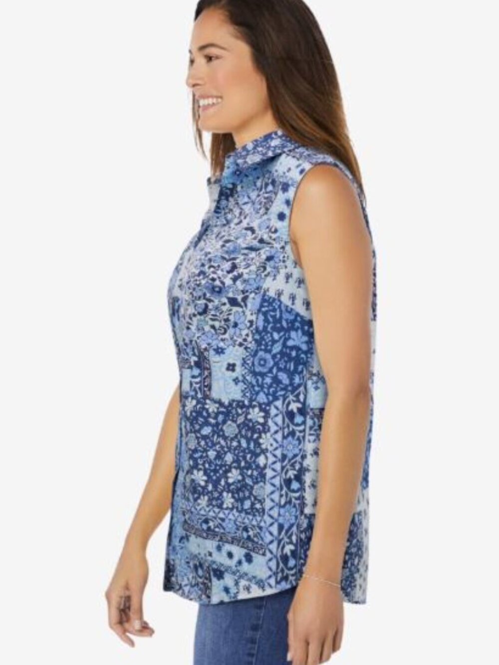 Woman Within Perfect Sleeveless Shirt French Blue Patched Paisley Plus 14/16 NWO - Picture 3 of 16